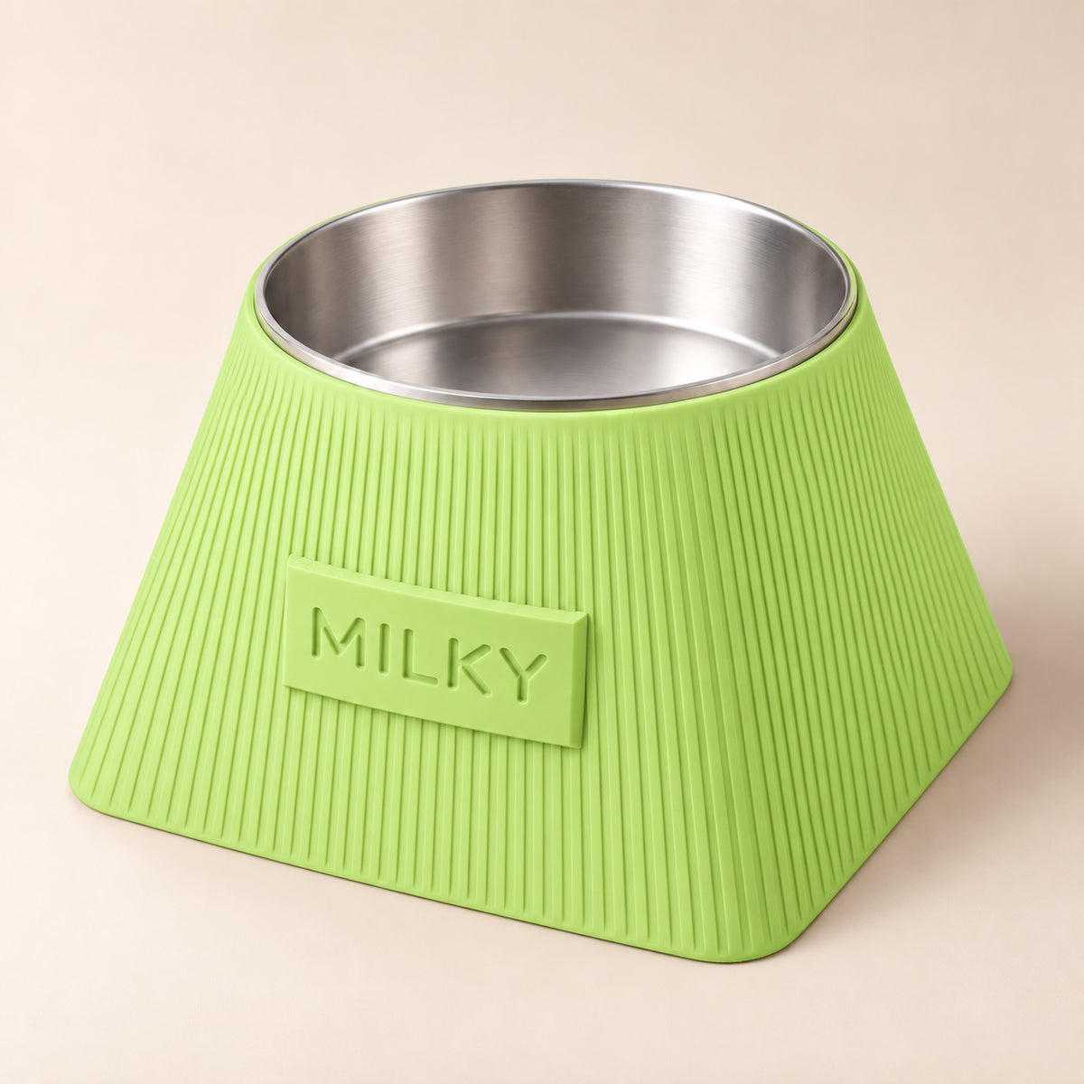 Frame custom-height dog bowl in Apple Green, with a removable stainless-steel bowl; MILKY is an example name