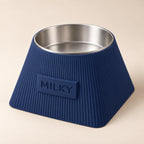 Frame custom-height dog bowl in Dark Blue, with a removable stainless-steel bowl; MILKY is an example name