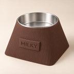 Frame custom-height dog bowl in Dark Brown, with a removable stainless-steel bowl; MILKY is an example name