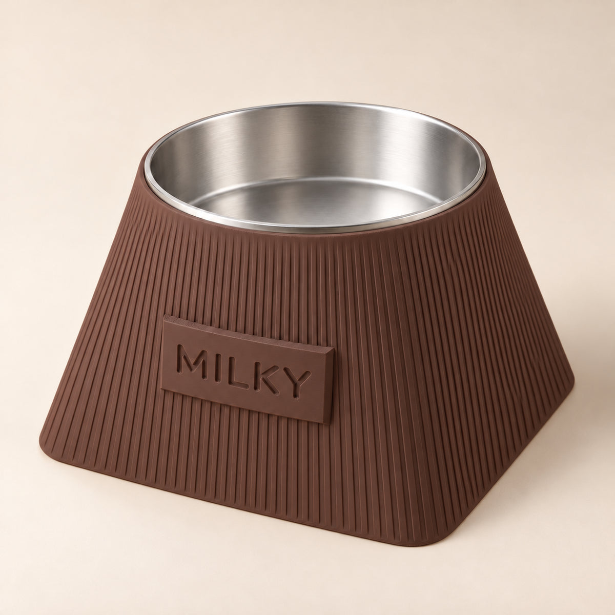 Frame custom-height dog bowl in Dark Brown, with a removable stainless-steel bowl; MILKY is an example name