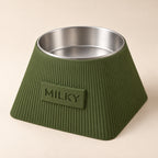 Frame custom-height dog bowl in Dark Green, with a removable stainless-steel bowl; MILKY is an example name