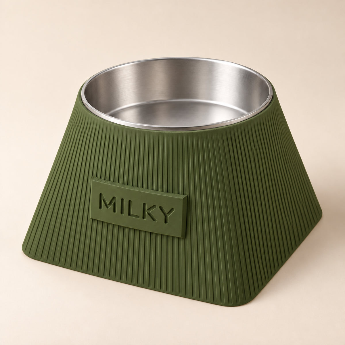 Frame custom-height dog bowl in Dark Green, with a removable stainless-steel bowl; MILKY is an example name