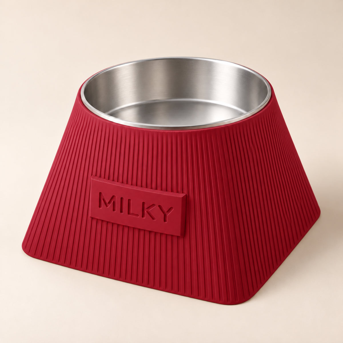 Frame custom-height dog bowl in Dark Red, with a removable stainless-steel bowl; MILKY is an example name