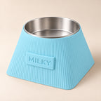Frame custom-height dog bowl in Ice Blue, with a removable stainless-steel bowl; MILKY is an example name