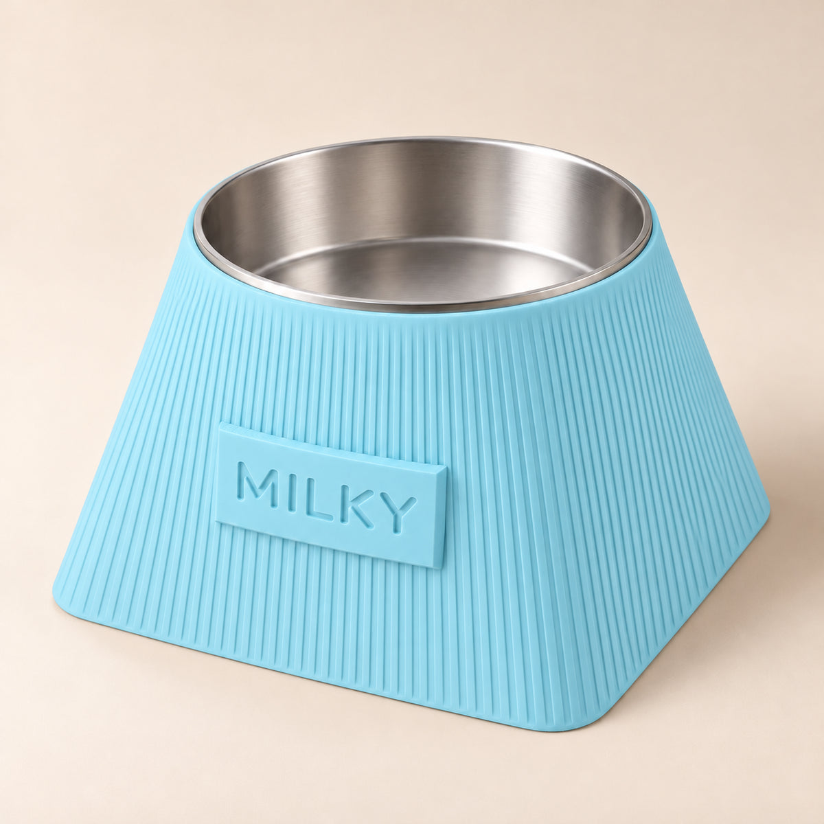 Frame custom-height dog bowl in Ice Blue, with a removable stainless-steel bowl; MILKY is an example name