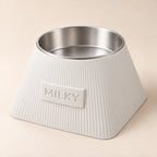 Frame custom-height dog bowl in Ivory White, with a removable stainless-steel bowl; MILKY is an example name