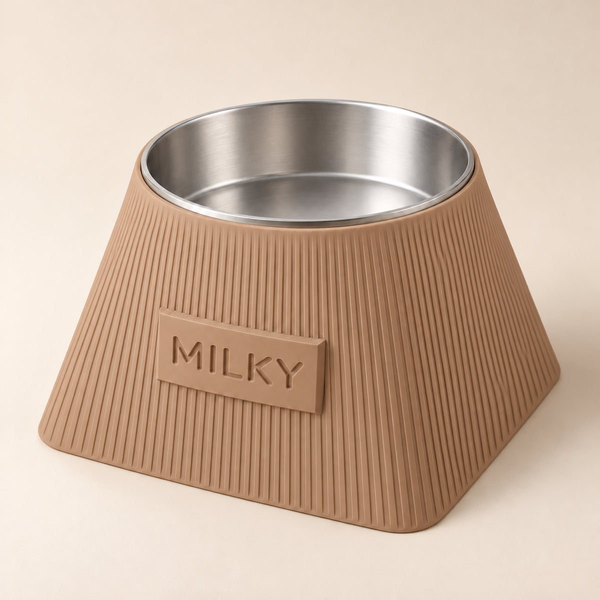 Frame custom-height dog bowl in Latte Brown, with a removable stainless-steel bowl; MILKY is an example name