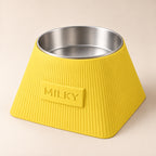 Frame custom-height dog bowl in Lemon Yellow, with a removable stainless-steel bowl; MILKY is an example name