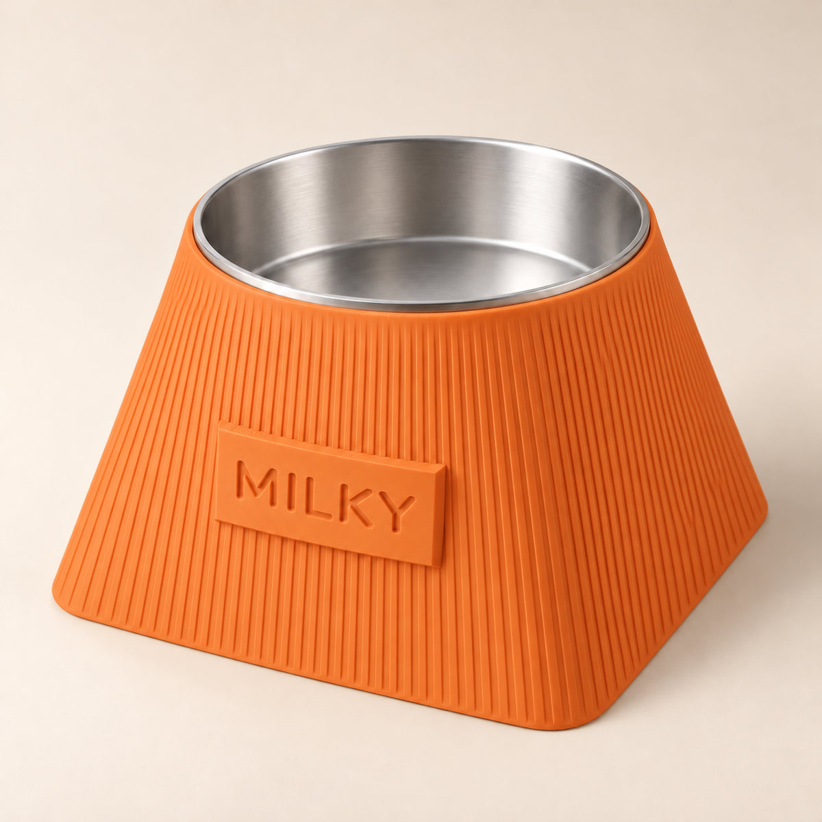 Frame custom-height dog bowl in Mandarin Orange, with a removable stainless-steel bowl; MILKY is an example name