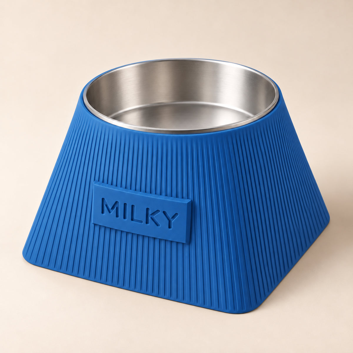 Frame custom-height dog bowl in Marine Blue, with a removable stainless-steel bowl; MILKY is an example name