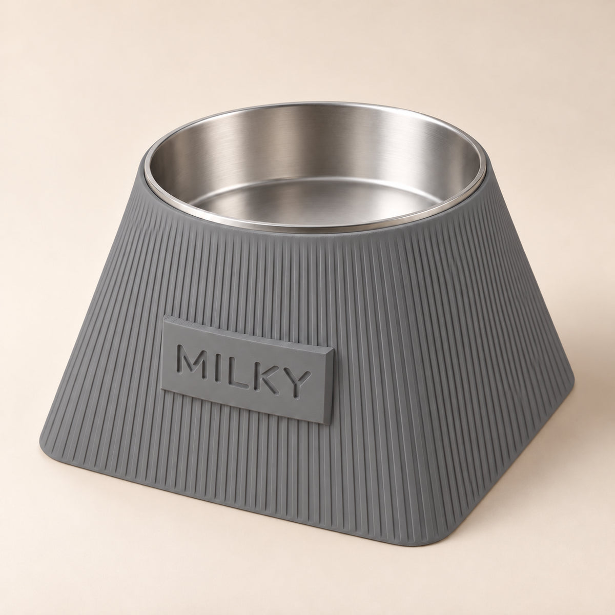 Frame custom-height dog bowl in Nardo Gray, with a removable stainless-steel bowl; MILKY is an example name