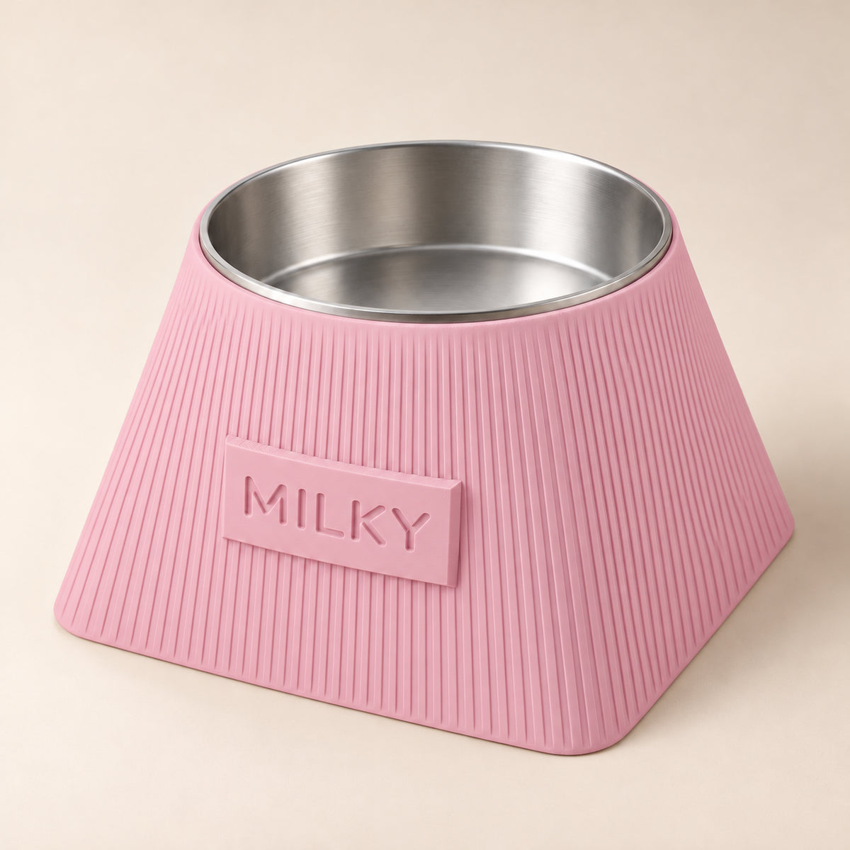 Frame custom-height dog bowl in Sakura Pink, with a removable stainless-steel bowl; MILKY is an example name