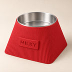 Frame custom-height dog bowl in Scarlet Red, with a removable stainless-steel bowl; MILKY is an example name
