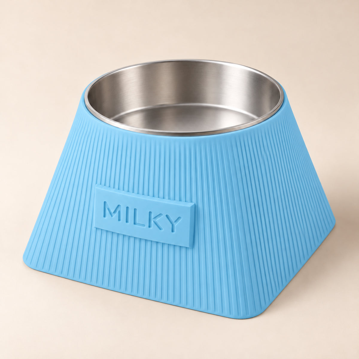 Frame custom-height dog bowl in Sky Blue, with a removable stainless-steel bowl; MILKY is an example name