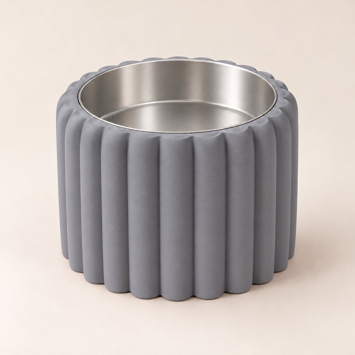 Petal Bold custom-height dog bowl in Ash Grey, with a removable stainless-steel bowl; no nameplate