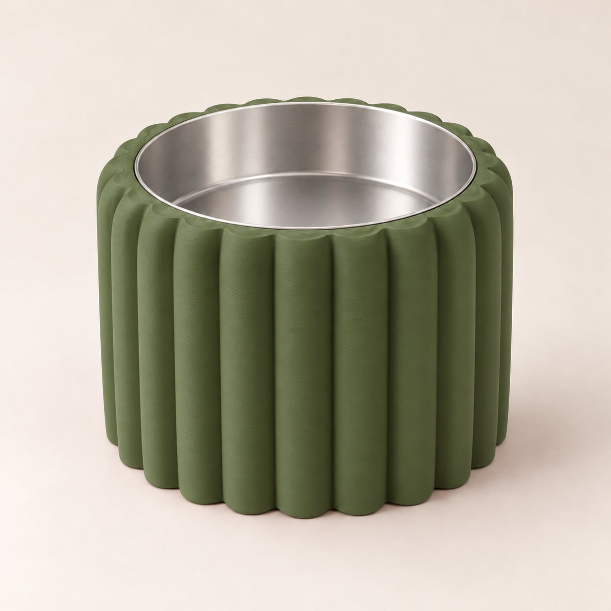Petal Bold custom-height dog bowl in Dark Green, with a removable stainless-steel bowl; no nameplate