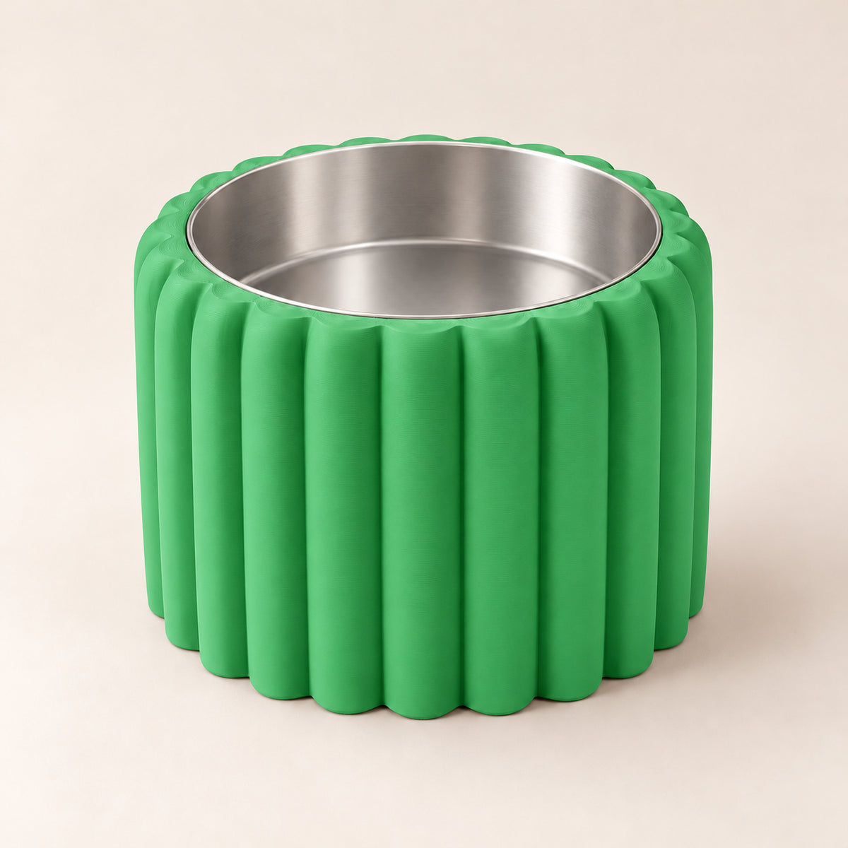 Petal Bold custom-height dog bowl in Grass Green, with a removable stainless-steel bowl; no nameplate
