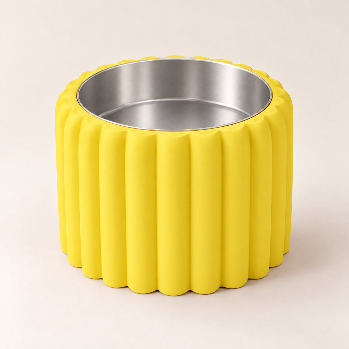 Petal Bold custom-height dog bowl in Lemon Yellow, with a removable stainless-steel bowl; no nameplate
