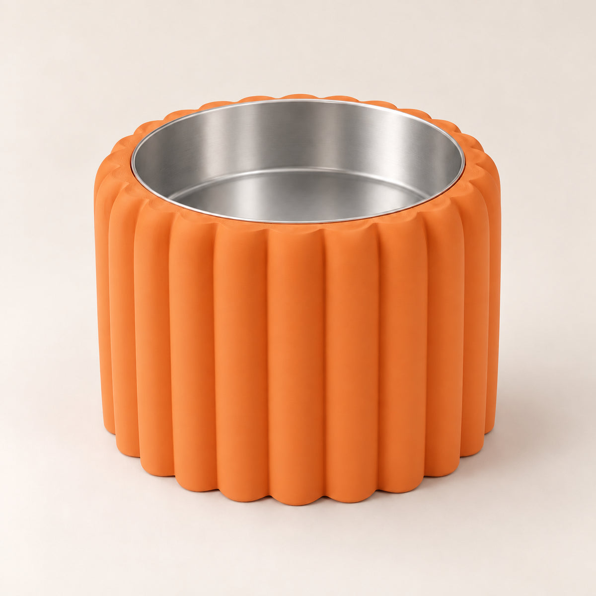 Petal Bold custom-height dog bowl in Mandarin Orange, with a removable stainless-steel bowl; no nameplate