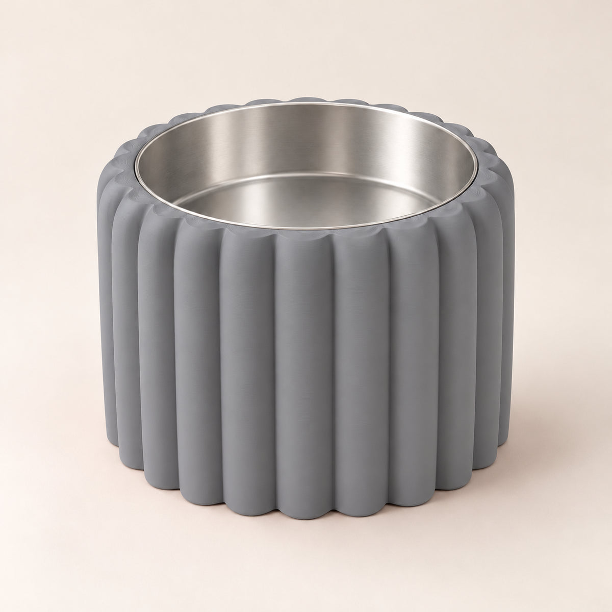 Petal Bold custom-height dog bowl in Nardo Gray, with a removable stainless-steel bowl; no nameplate