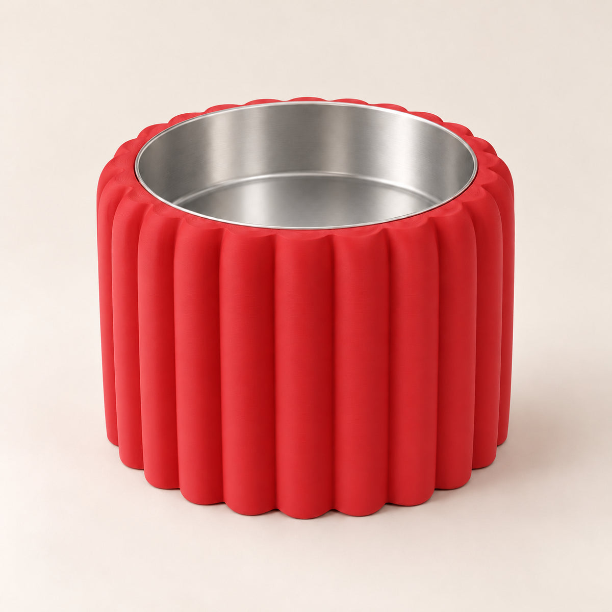 Petal Bold custom-height dog bowl in Scarlet Red, with a removable stainless-steel bowl; no nameplate