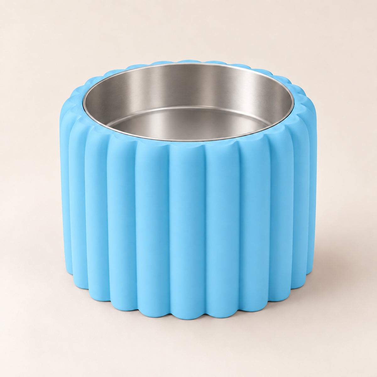 Petal Bold custom-height dog bowl in Sky Blue, with a removable stainless-steel bowl; no nameplate