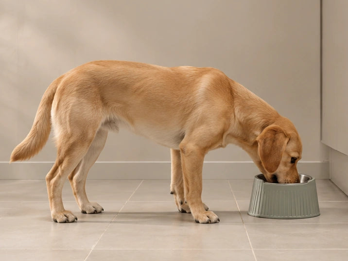 AI illustration of a golden dog reaching down to a low bowl; illustrative feeding setup, not a sizing prescription