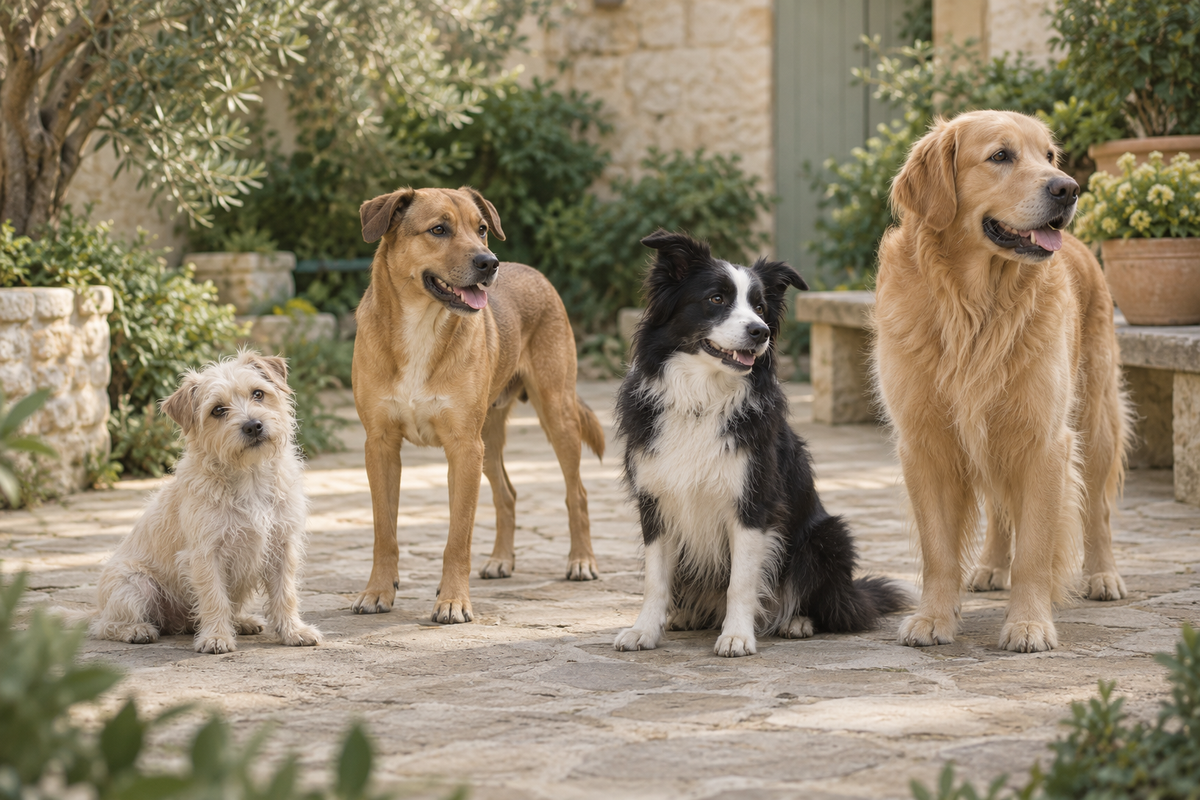 AI-generated editorial brand image of four dogs of different sizes relaxing in a garden courtyard.