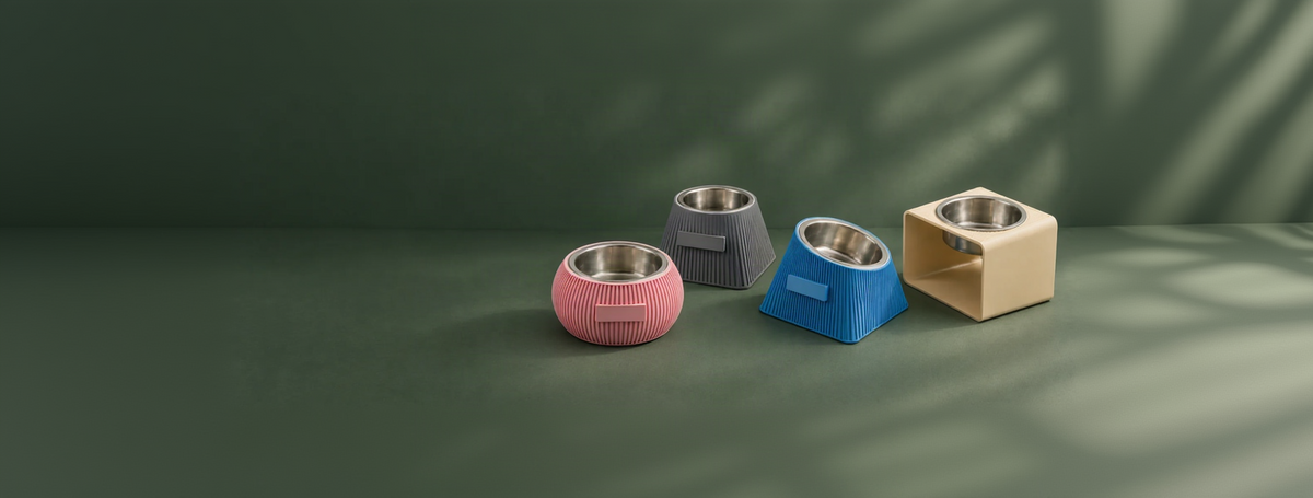 Four PetTopID bowl designs on a softly lit forest-green background