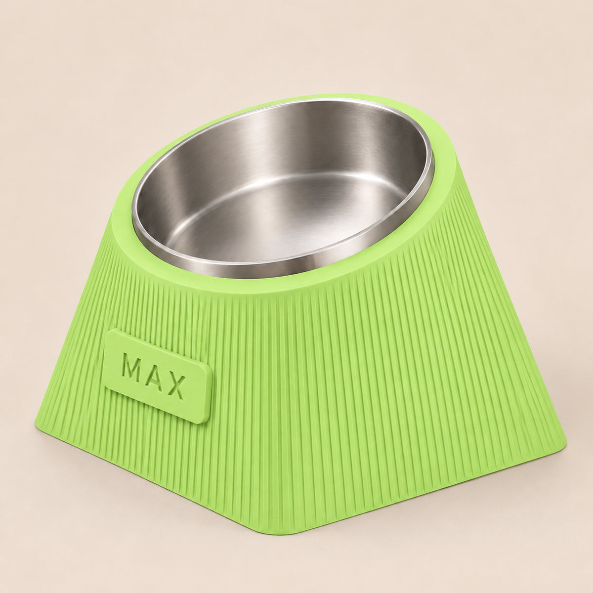 Contour Tilt custom height dog bowl in Apple Green, with a tilted stainless steel bowl, fine vertical grooves and MAX example nameplate.
