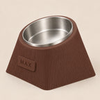 Contour Tilt custom height dog bowl in Dark Brown, with a tilted stainless steel bowl, fine vertical grooves and MAX example nameplate.