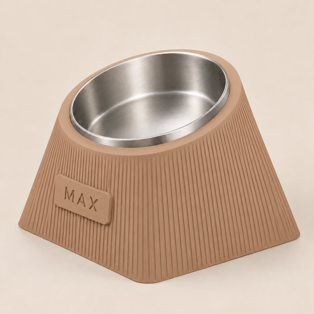 Contour Tilt custom height dog bowl in Latte Brown, with a tilted stainless steel bowl, fine vertical grooves and MAX example nameplate.