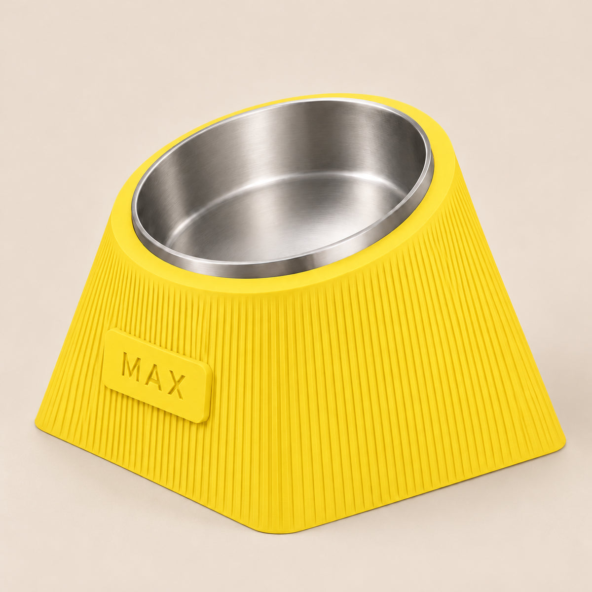 Contour Tilt custom height dog bowl in Lemon Yellow, with a tilted stainless steel bowl, fine vertical grooves and MAX example nameplate.