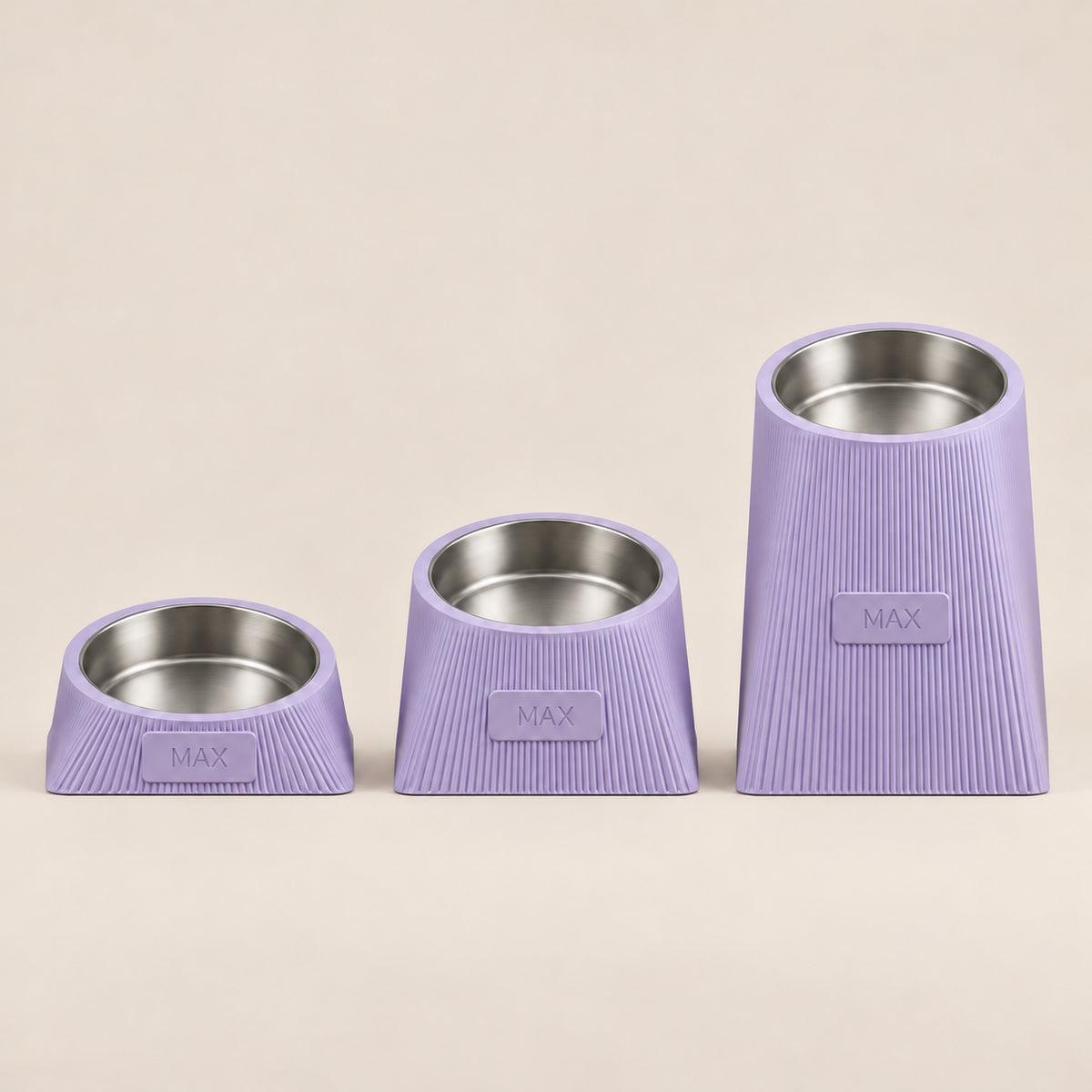 Three Lilac Purple Contour Tilt holders at different heights; illustrative comparison, not a size or measurement chart.