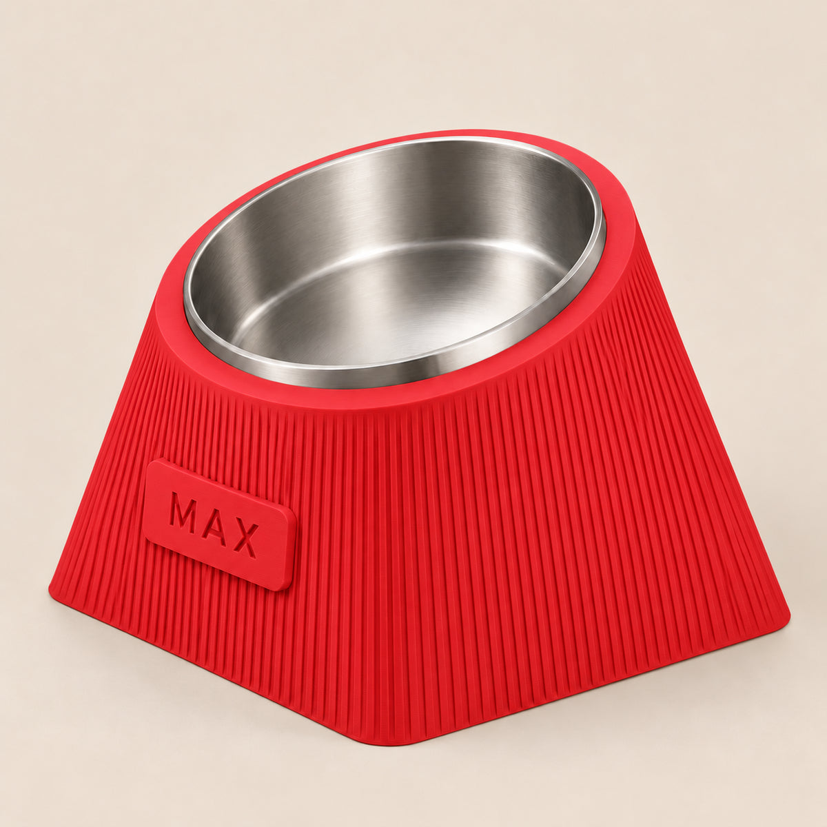 Contour Tilt custom height dog bowl in Scarlet Red, with a tilted stainless steel bowl, fine vertical grooves and MAX example nameplate.