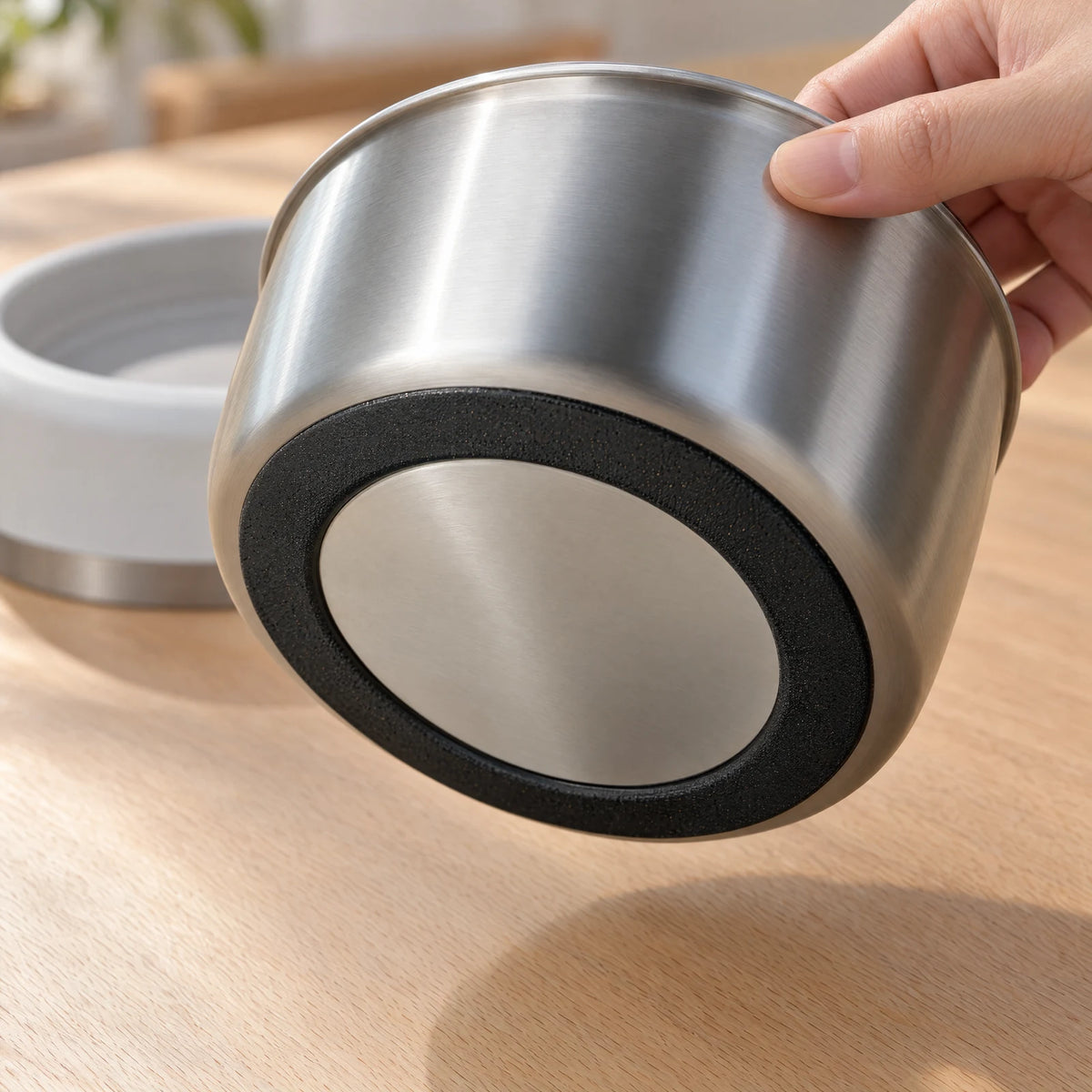 Black cushioning ring on the underside of the steel inner bowl.