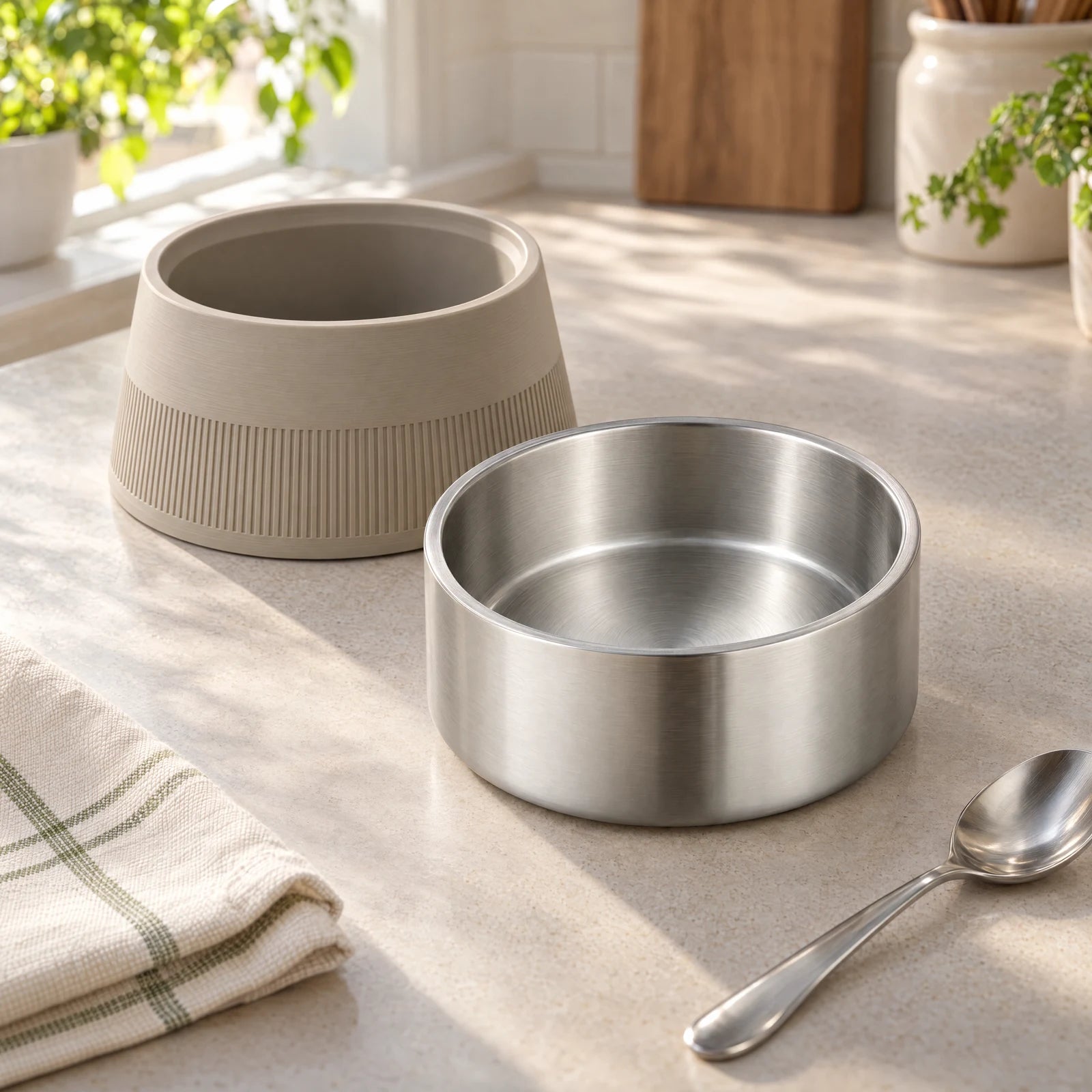 Removable stainless-steel inner bowl beside the stand.