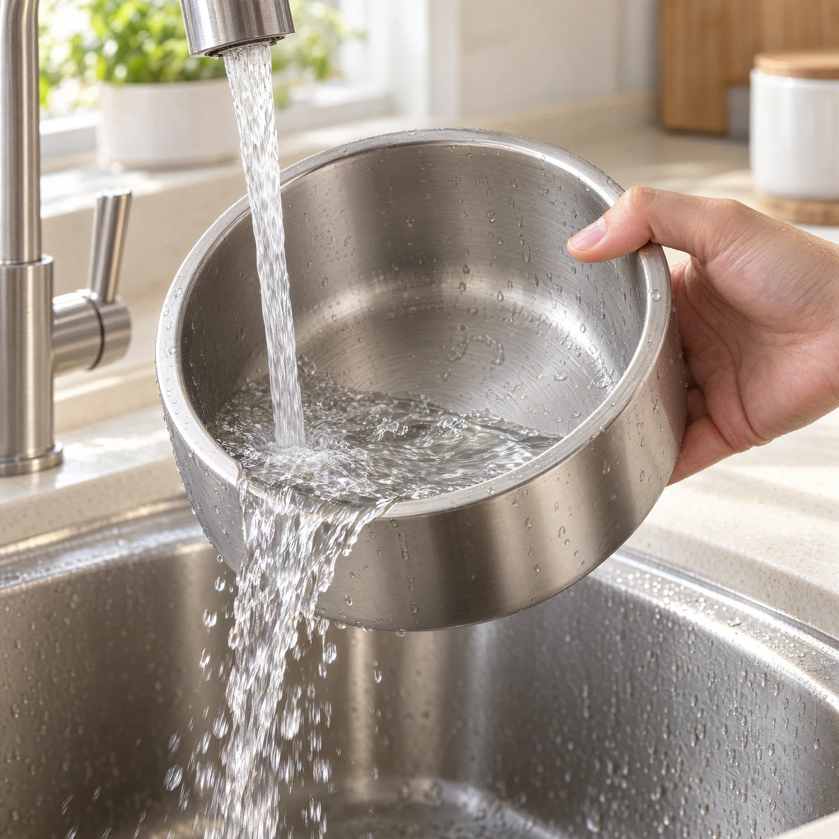 Stainless-steel inner bowl being rinsed under running water.
