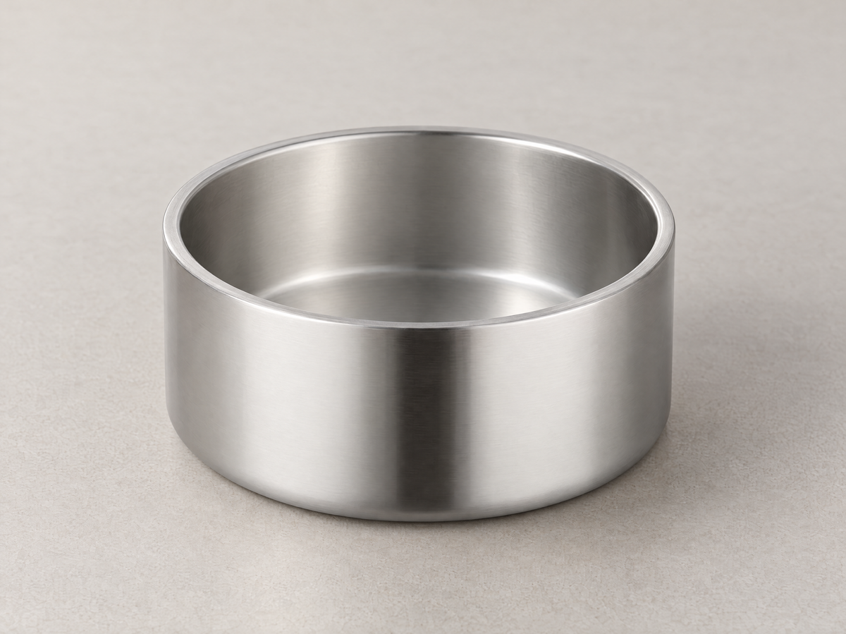 Brushed double-wall 304 stainless steel dog bowl insert, shown without a holder