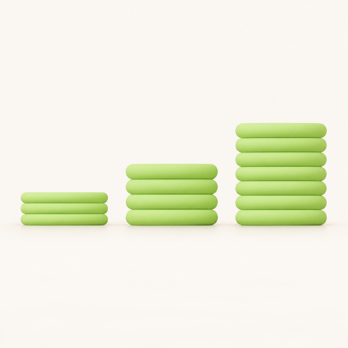 RingStack in Apple Green, comparison of 8 cm, 15 cm and 25 cm bowl bodies