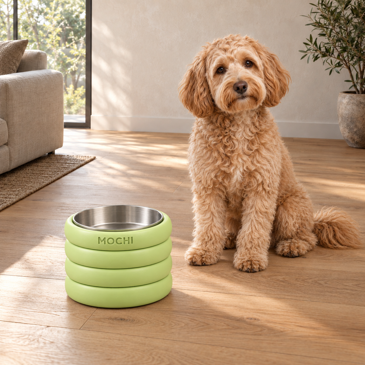 Apple Green RingStack dog bowl beside an Australian Labradoodle. AI-generated lifestyle illustration.