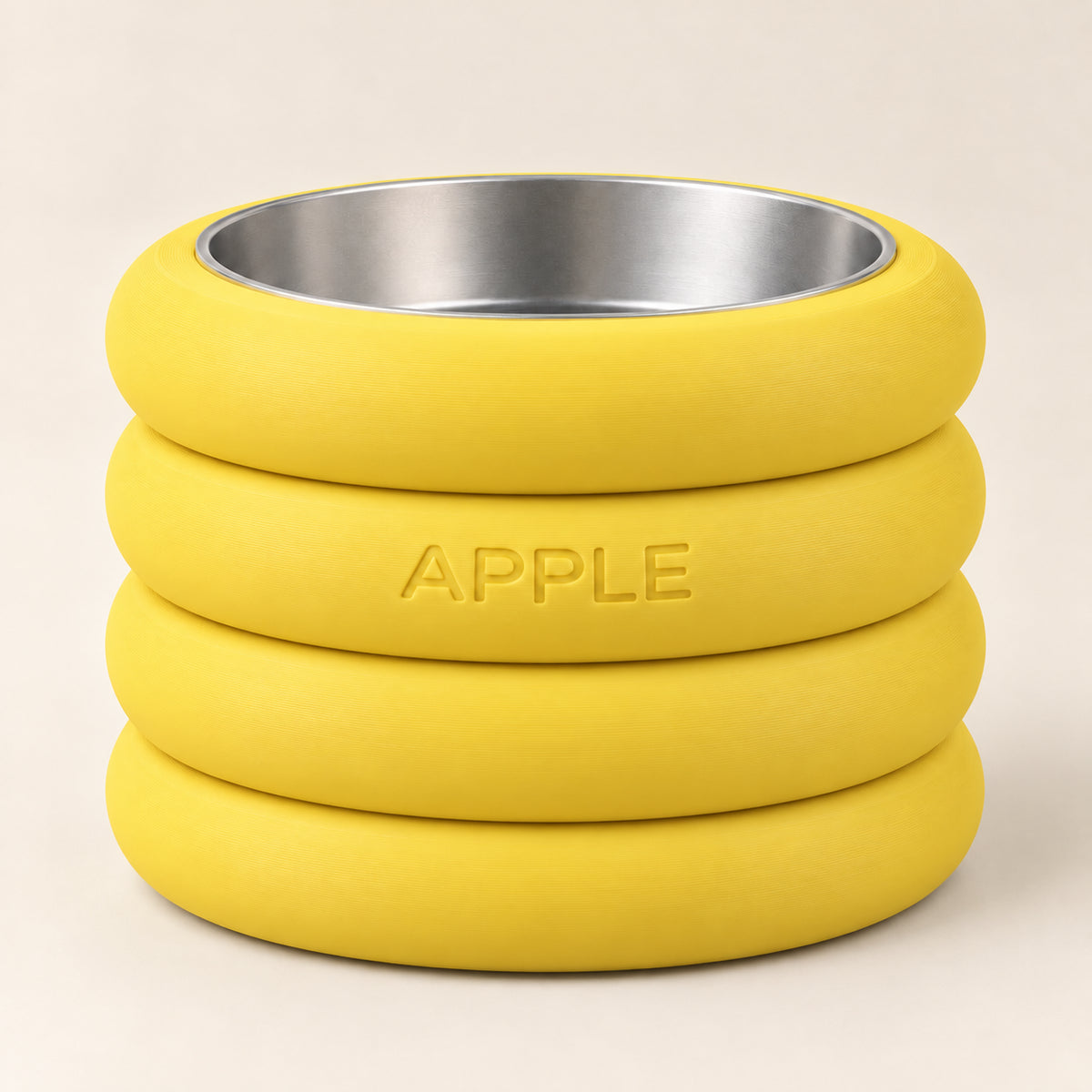 RingStack custom-height dog bowl in Lemon Yellow, with a removable stainless-steel bowl; APPLE is an example name