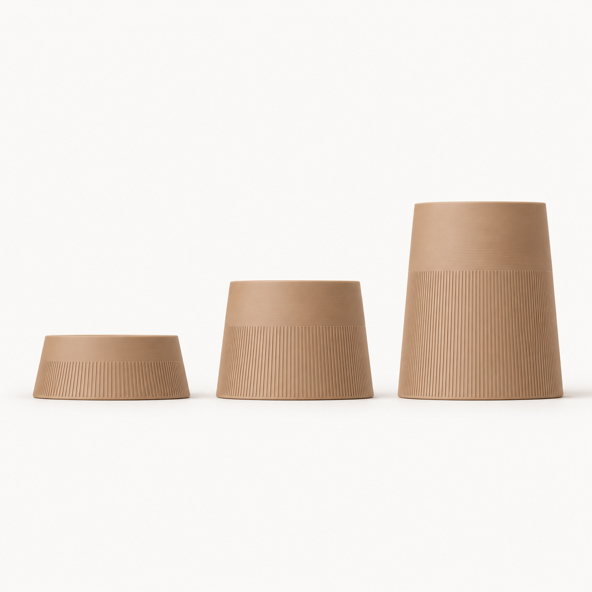 Taper in Latte Brown, comparison of 8 cm, 15 cm and 25 cm bowl bodies