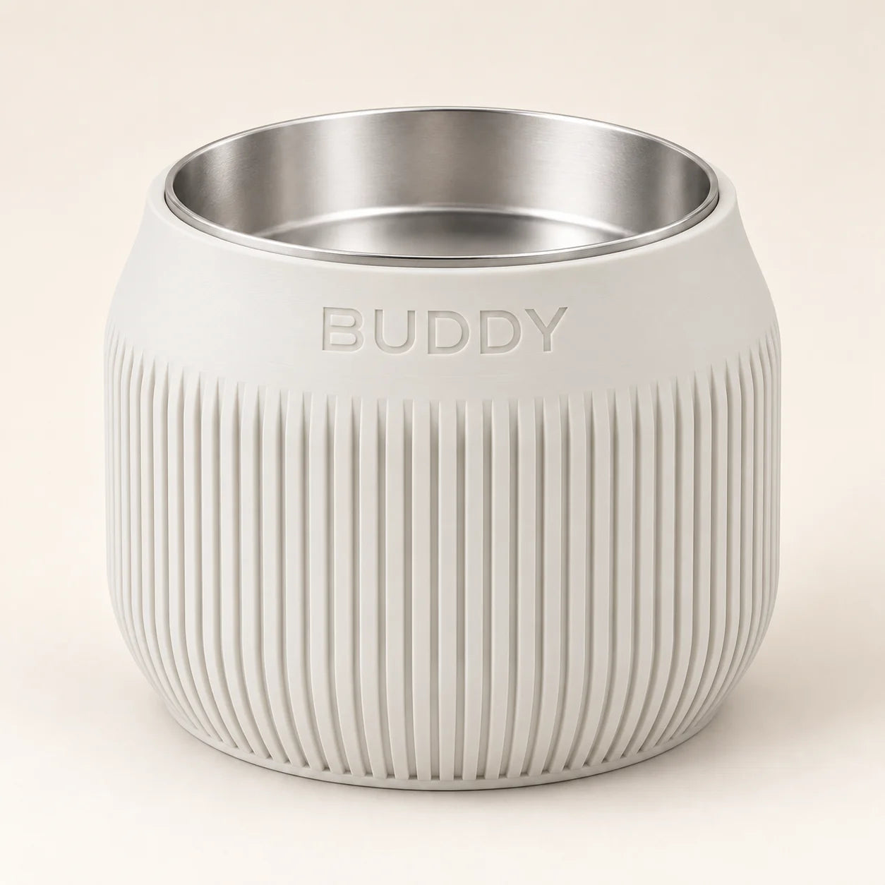 AI-generated Column dog bowl in Ivory White; BUDDY is an example name