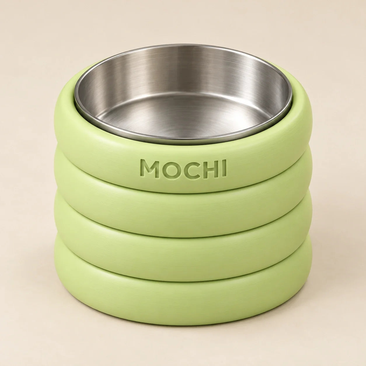 AI-generated apple-green RingStack bowl stand with MOCHI personalization and a steel liner